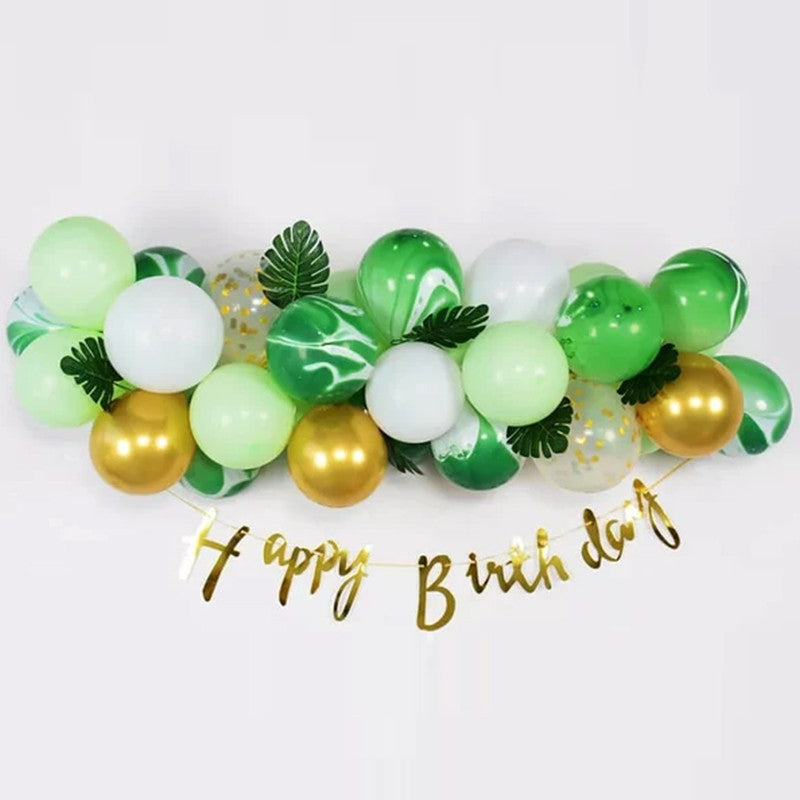 Baloane decorative din Latex si Banner Happy Birthday, Flippy, Model Aniversare, Set 37 de Piese, Verde, Auriu, Alb