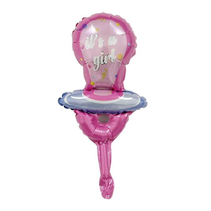 Balon din Folie Metalizata, Flippy, Mini Figurina, Model Suzeta, Tematica Gender Reveal, 23x50 cm, Ambalaj Individual, Pai Inclus, Umflare cu Aer sau Heliu, Roz