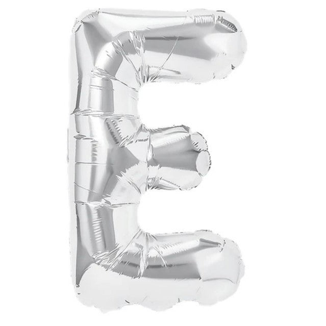 Balon Folie Metalizata Litera E, Flippy, 80 cm, Umflati cu Heliu sau Aer, Ambalaj Individual, Pai inclus, Argintiu