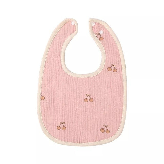 Baveta in Forma de U, Flippy, din Bumbac, pentru Copii 0-12 Luni, Rezistenta la Apa, cu Capse, Model cu Cirese, 21x30 cm, Roz