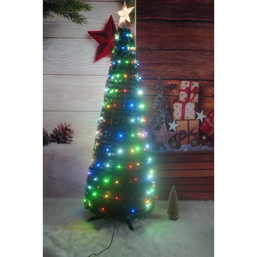 Brad artificial Pop-Up Flippy, cu instalatie integrata, Lumini RGB, Suport inclus, Stea luminata, 304 Led, 180 cm, Material PVC, Verde