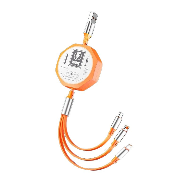 Cablu Retractabil 3in 1 pentru Telefon, Flippy, Cablu de incarcare rapida 100W, stil Mecha, potrivit pentru Auto, Universal 1.2M, Portocaliu