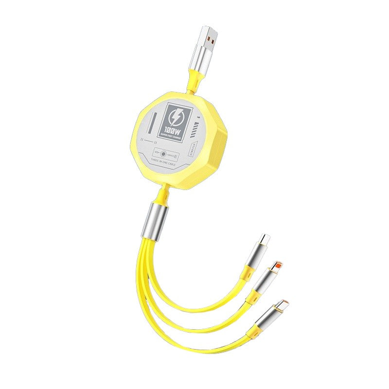 Cablu Retractabil 3in 1 pentru Telefon, Flippy, Cablu de incarcare rapida 100W, stil Mecha, potrivit pentru Auto, Universal 1.2M, Galben