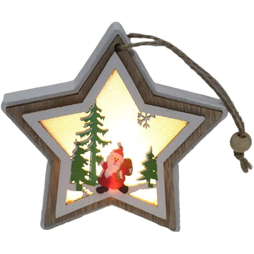 Ornament de Brad, Flippy, cu Lumini LED, din Lemn, Model Stea, Multicolor