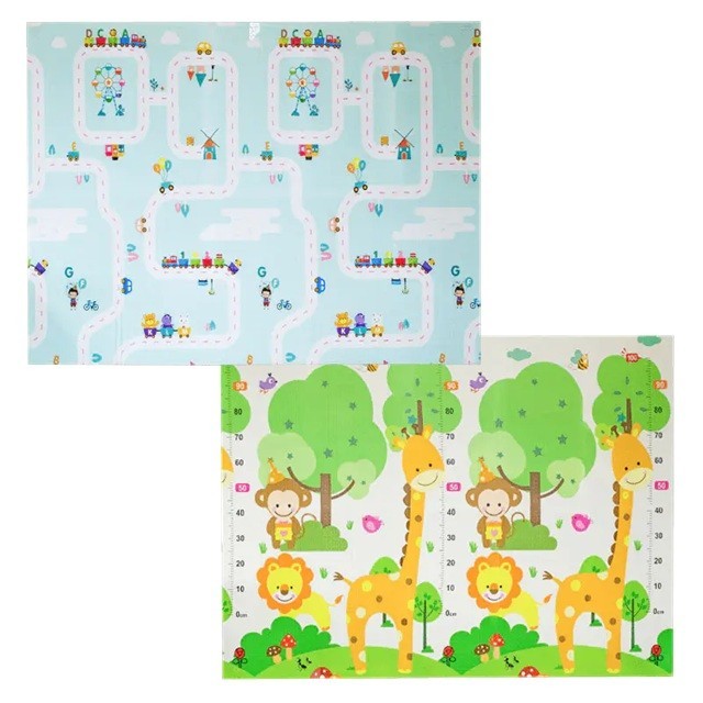 Covoras pentru Copii, Flippy, cu 2 Fete, Model Oras/Safari, din XPE+PE, Impermeabil, Antiderapant, Protectie Termica, +3 Luni, Pliabil, 180 x 200 x 1 cm, Multicolor