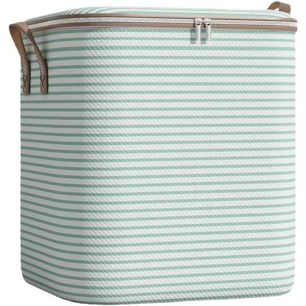 Cutie de Depozitare cu Fermoar, Flippy, Pliabila, Maner Ranforsat, Fermoar Rezistent, pentru Haine, Paturi, Plapume, Perne, Lenjerii de Pat, Jucarii, 56x45x56 cm, 150 Litri, in Dungi, Verde