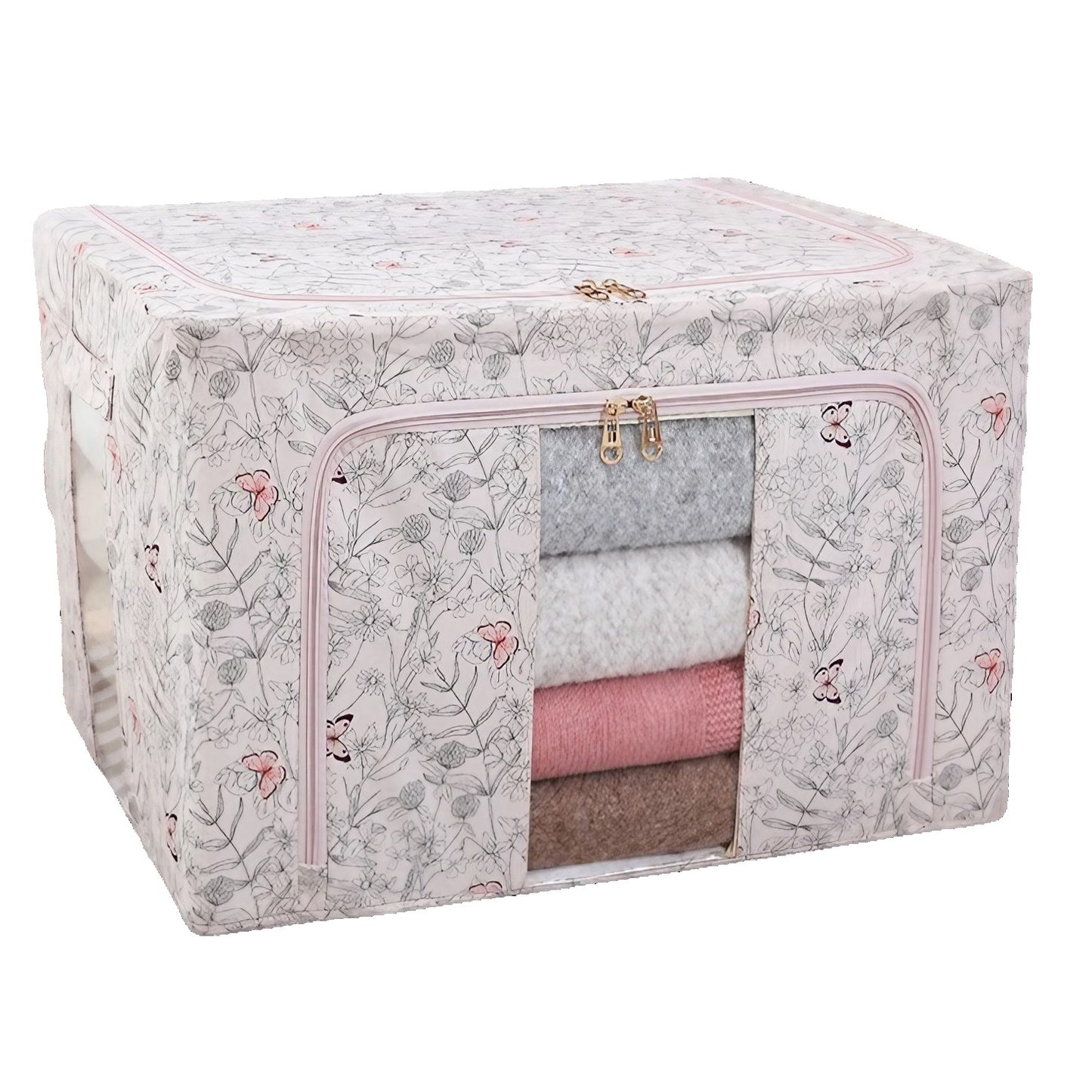 Cutie Depozitare, Flippy, 66L, din Material Textil, 50 x 40 x 33 cm, pentru Haine si Lenjerii, Model Fluturasi, Roz