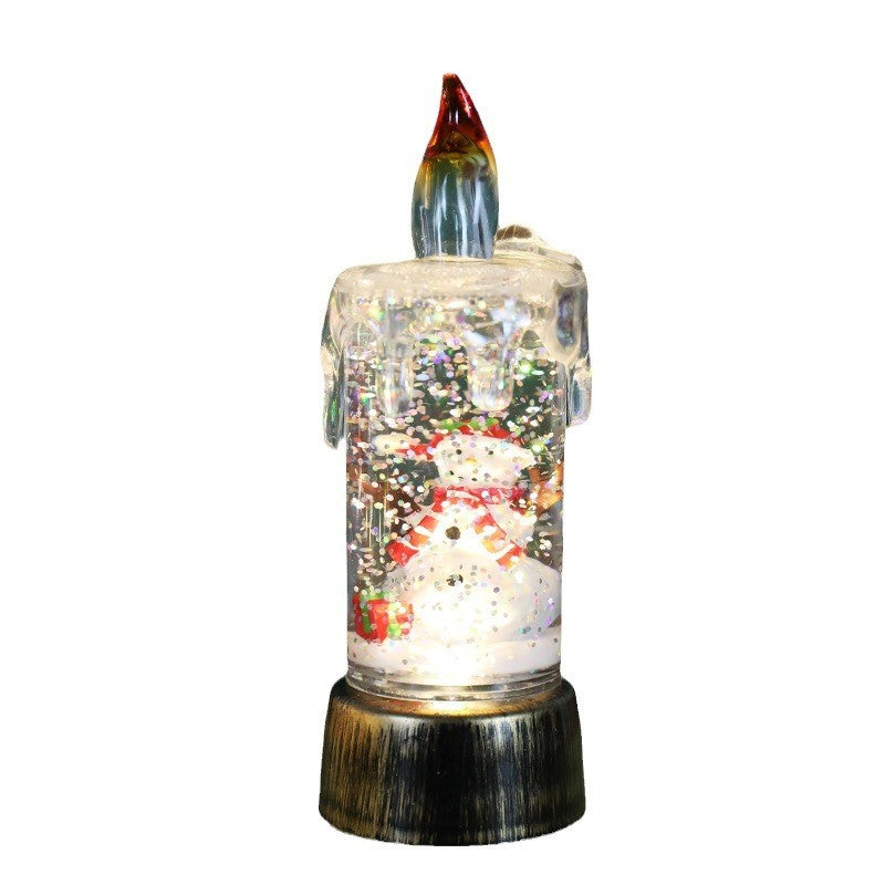 Decoratiune de Craciun tip Lumanare, Flippy, Lumanare de Cristal cu Fulgi de Zapada, Model Om de Zapada cu Sclipici, Iluminare LED, 13 x 5 x 5 cm, Baza Vintage Bronze, Transparent