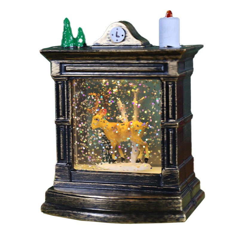 Decoratiune de Craciun tip Semineu / Ceas, Flippy, Glob de Cristal cu Fulgi de Zapada, Model Ren, Iluminare LED, 11.5 x 8.5 x 6.5 cm, Carcasa Vintage Bronze, Transparent