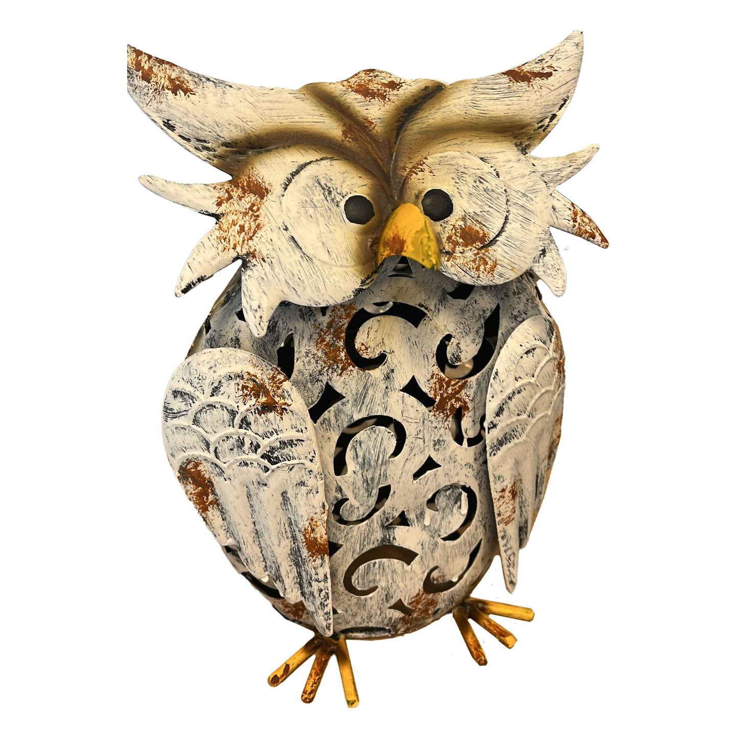 Decoratiune de Gradina cu Lampa solara, Flippy, Model Bufnita, Iluminare Led si Incarcare Solara, 20.5 x 10 x 25.5 cm, din Fier, Gri Alb