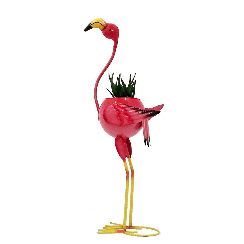 Decoratiune pentru Gradina, Flippy, Flamingo pentru Gradina cu Suport pentru Plante Flori, Ornament de Ghiveci de Flori, Model Flamingo, din Fier, 73 x 34 x 22 cm, Roz