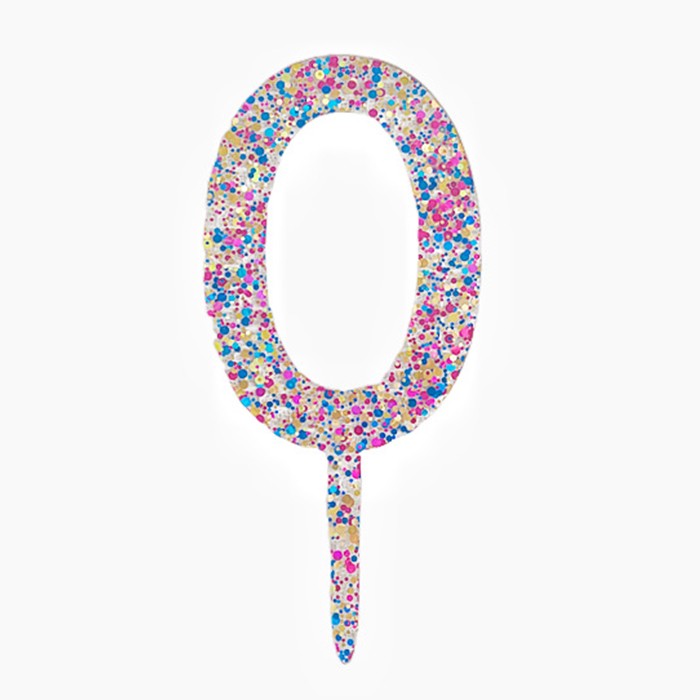 Decoratiune Topper pentru Tort, Flippy, din Acrilic cu Fulgi de Sclipici, Model Cifra 0, Inaltime 18.5 cm, Transparent Multicolor