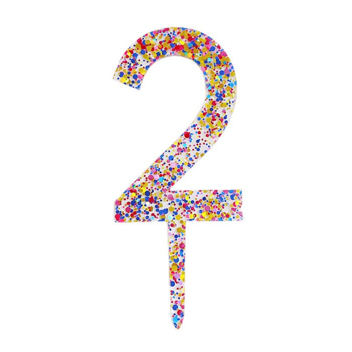 Decoratiune Topper pentru Tort, Flippy, din Acrilic cu Fulgi de Sclipici, Model Cifra 2, Inaltime 18.5 cm, Transparent Multicolor