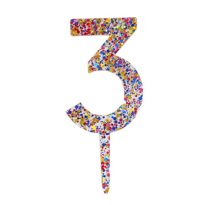 Decoratiune Topper pentru Tort, Flippy, din Acrilic cu Fulgi de Sclipici, Model Cifra 3, Inaltime 18.5 cm, Transparent Multicolor