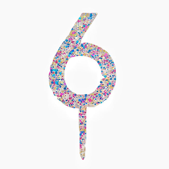 Decoratiune Topper pentru Tort, Flippy, din Acrilic cu Fulgi de Sclipici, Model Cifra 6, Inaltime 18.5 cm, Transparent Multicolor