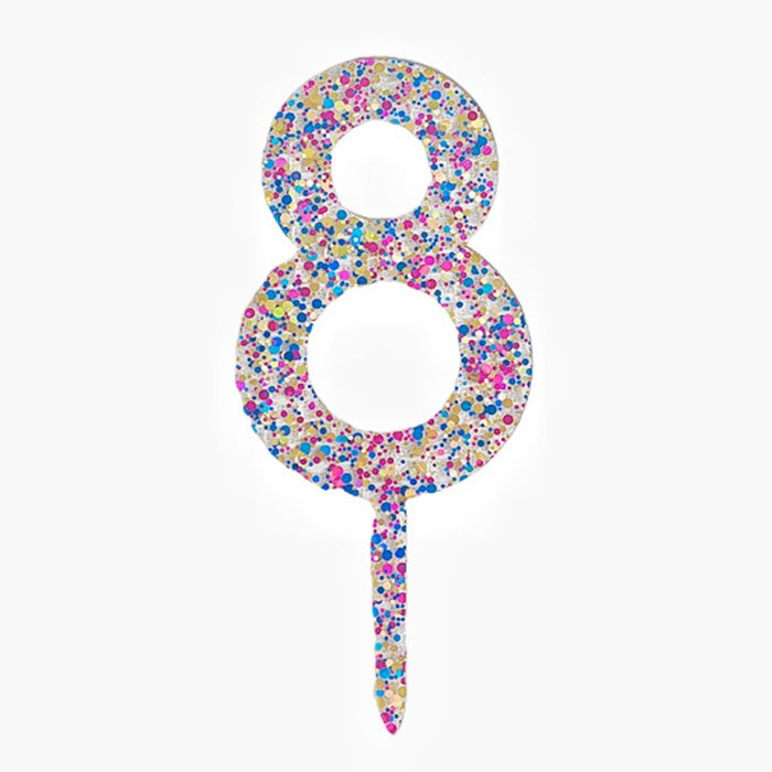 Decoratiune Topper pentru Tort, Flippy, din Acrilic cu Fulgi de Sclipici, Model Cifra 8, Inaltime 18.5 cm, Transparent Multicolor