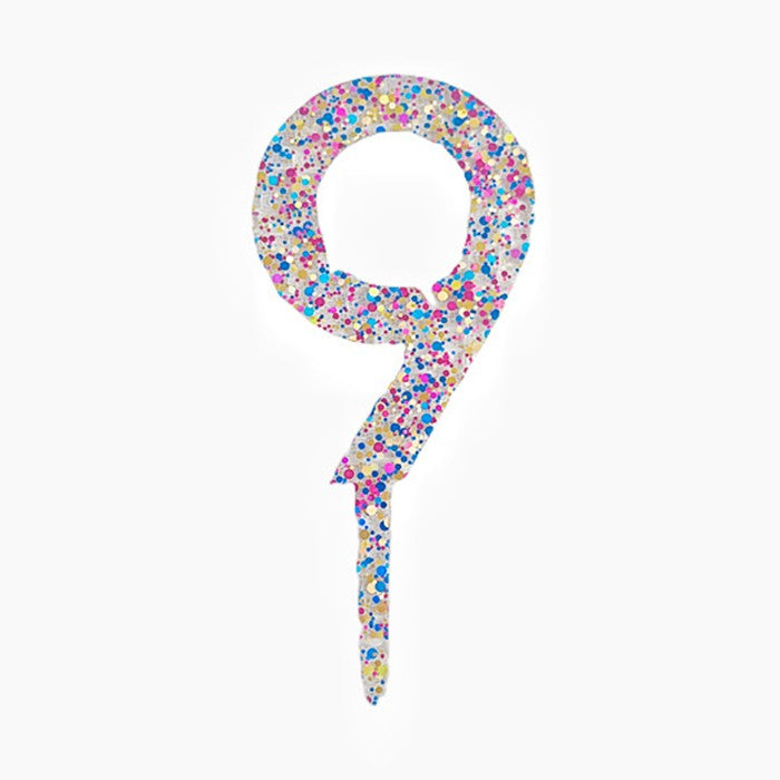 Decoratiune Topper pentru Tort, Flippy, din Acrilic cu Fulgi de Sclipici, Model Cifra 9, Inaltime 18.5 cm, Transparent Multicolor