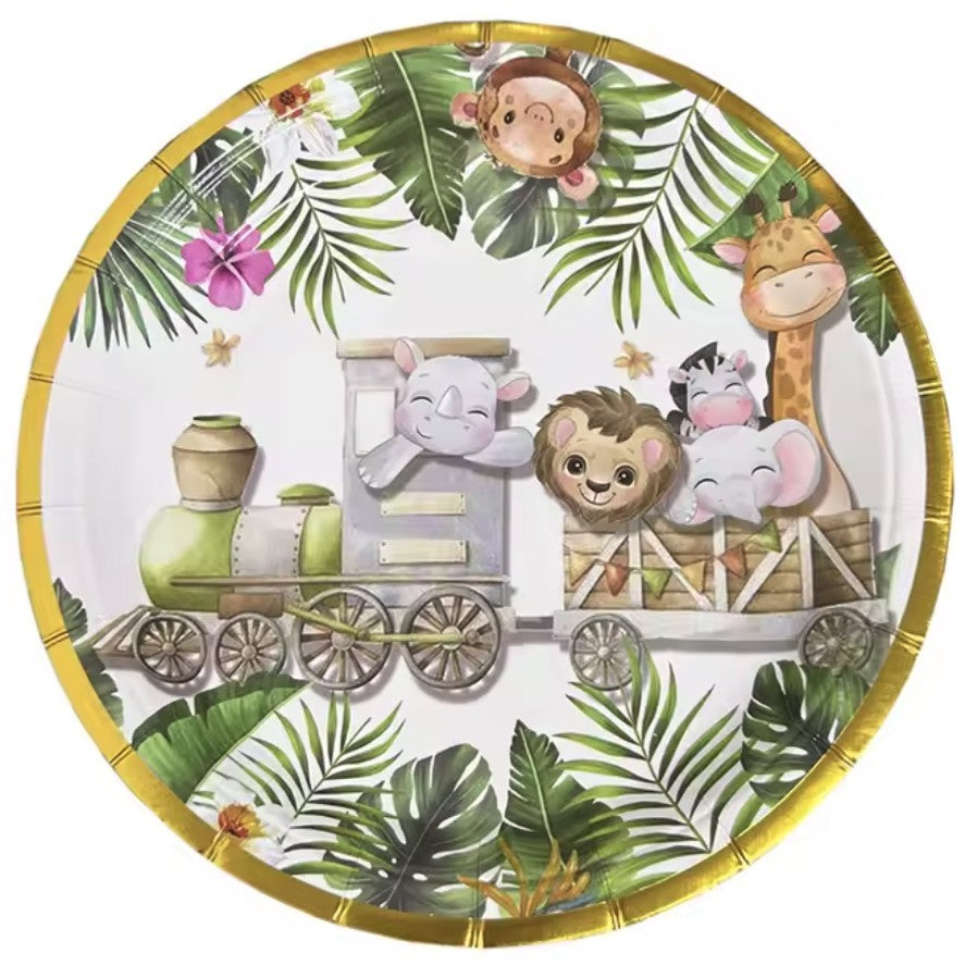 Farfurii Cartonate pentru Petreceri, Flippy, Farfurii cartonate de unica Folosinta pentru Zile de Nastere, Model Safari cu animale, set 10 buc, Diametru 23 cm, Multicolor
