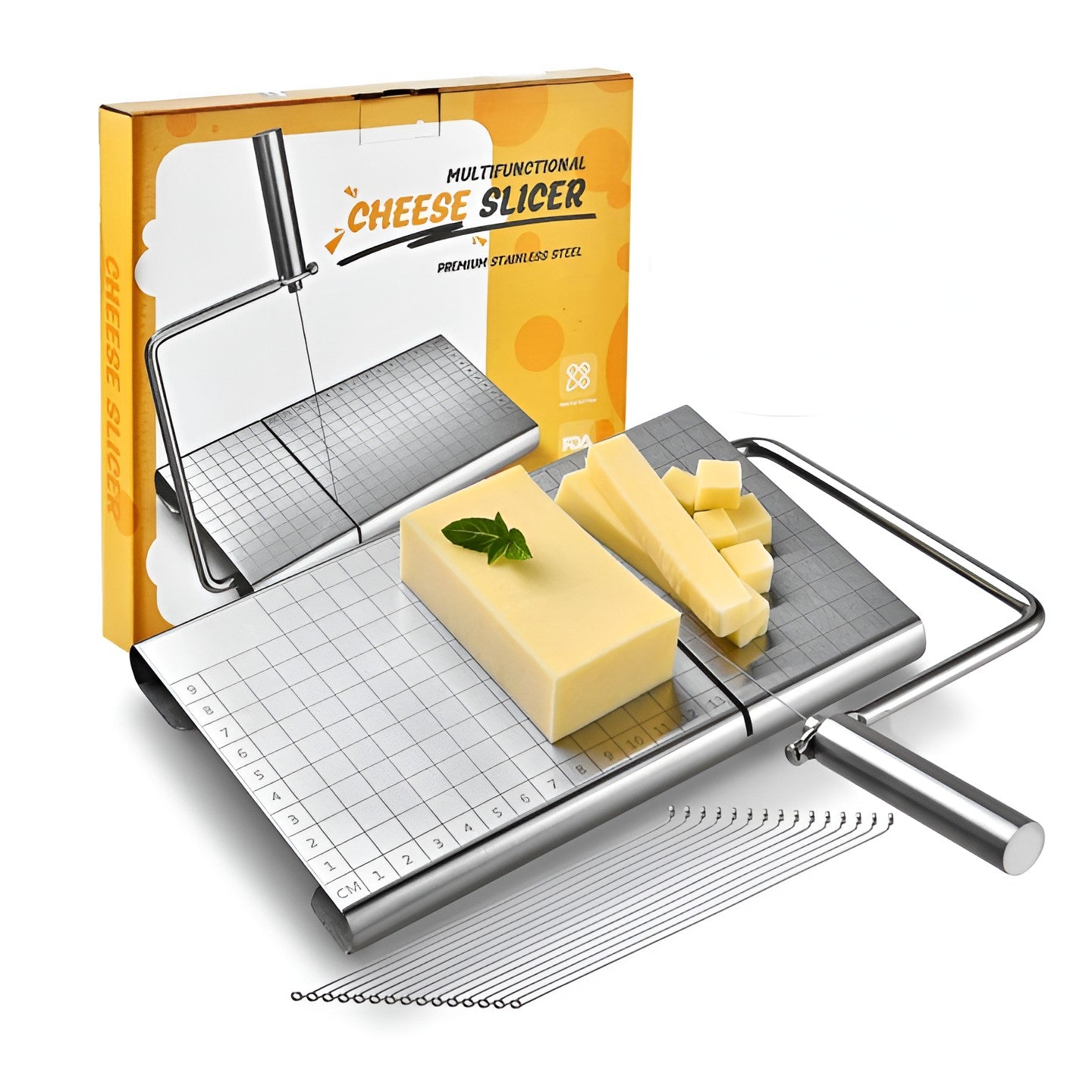 Feliator de Branza, Flippy, din Otel Inoxidabil, 5 Fire de Rezerva, Maner Ergonomic, Scara de Masurare, 24x21cm, Argintiu