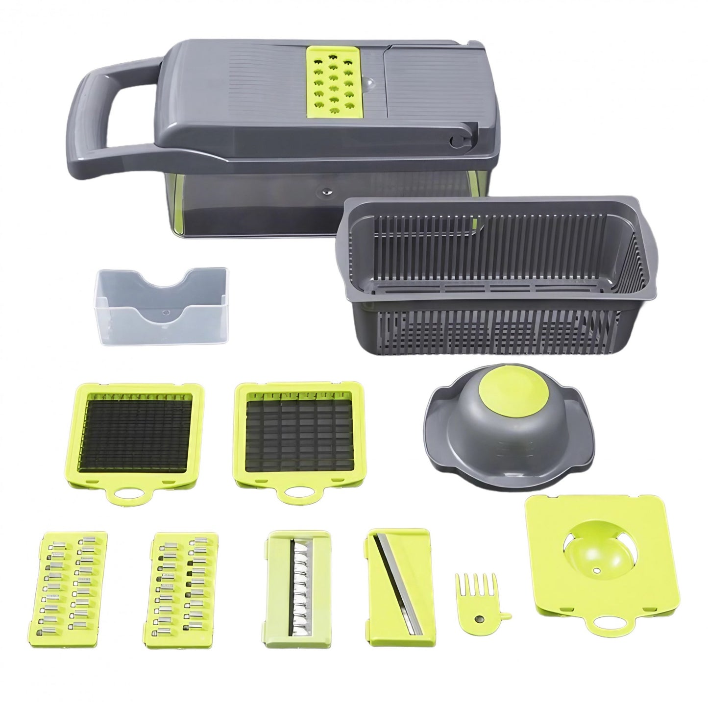 Feliator Multifunctional, Flippy, Razatoare, 8 in 1, pentru Fructe si Legume, 10 Piese, Lame de Inox, Recipient Stocare, Separator Oua, Protectie Mana, ABS, 32.2x11.3 cm, Verde/Gri