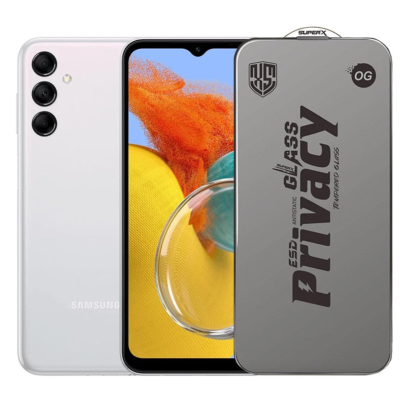 Folie de Protectie pentru Samsung Galaxy M14, Flippy, Sticla Securizata ESD Antistatica, Super-X Privacy OG, Margini Negre, 0.30 mm, Transparent Inchis