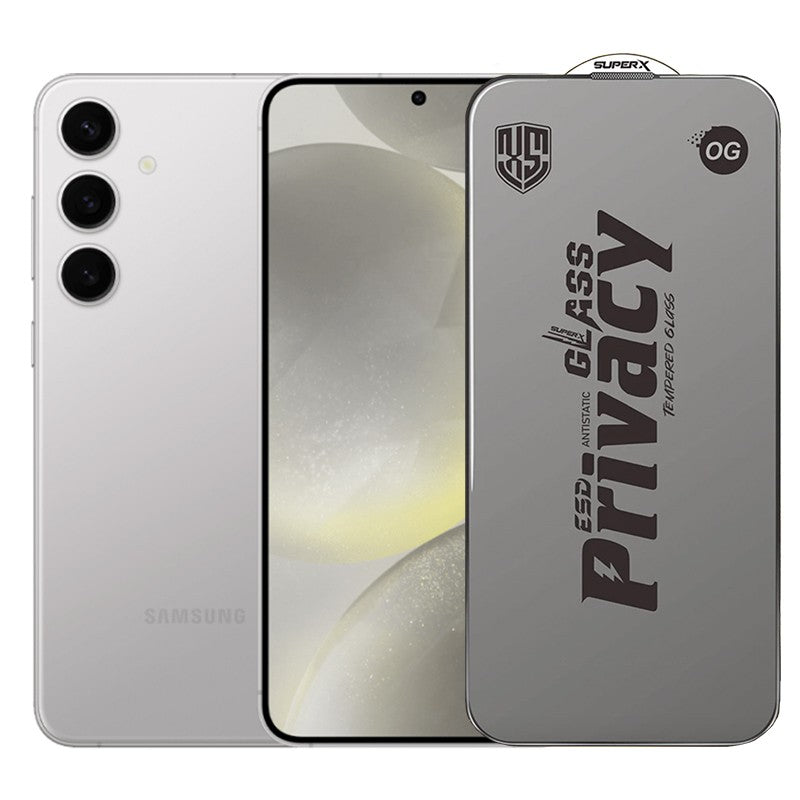 Folie de Protectie pentru Samsung Galaxy S24+, Flippy, Sticla Securizata ESD Antistatica, Super-X Privacy OG, Margini Negre, 0.30 mm, Transparent Inchis