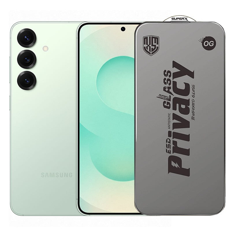 Folie de Protectie pentru Samsung Galaxy S25, Flippy, Sticla Securizata ESD Antistatica, Super-X Privacy OG, Margini Negre, 0.30 mm, Transparent Inchis