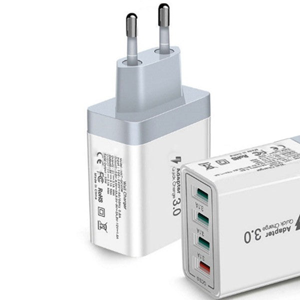 Incarcator Fast Charge pentru Telefon 33W, Flippy, Incarcator Quick Charge cu 4 Porturi USB-A, Power Delivery 33W, Cap Standard European, Alb