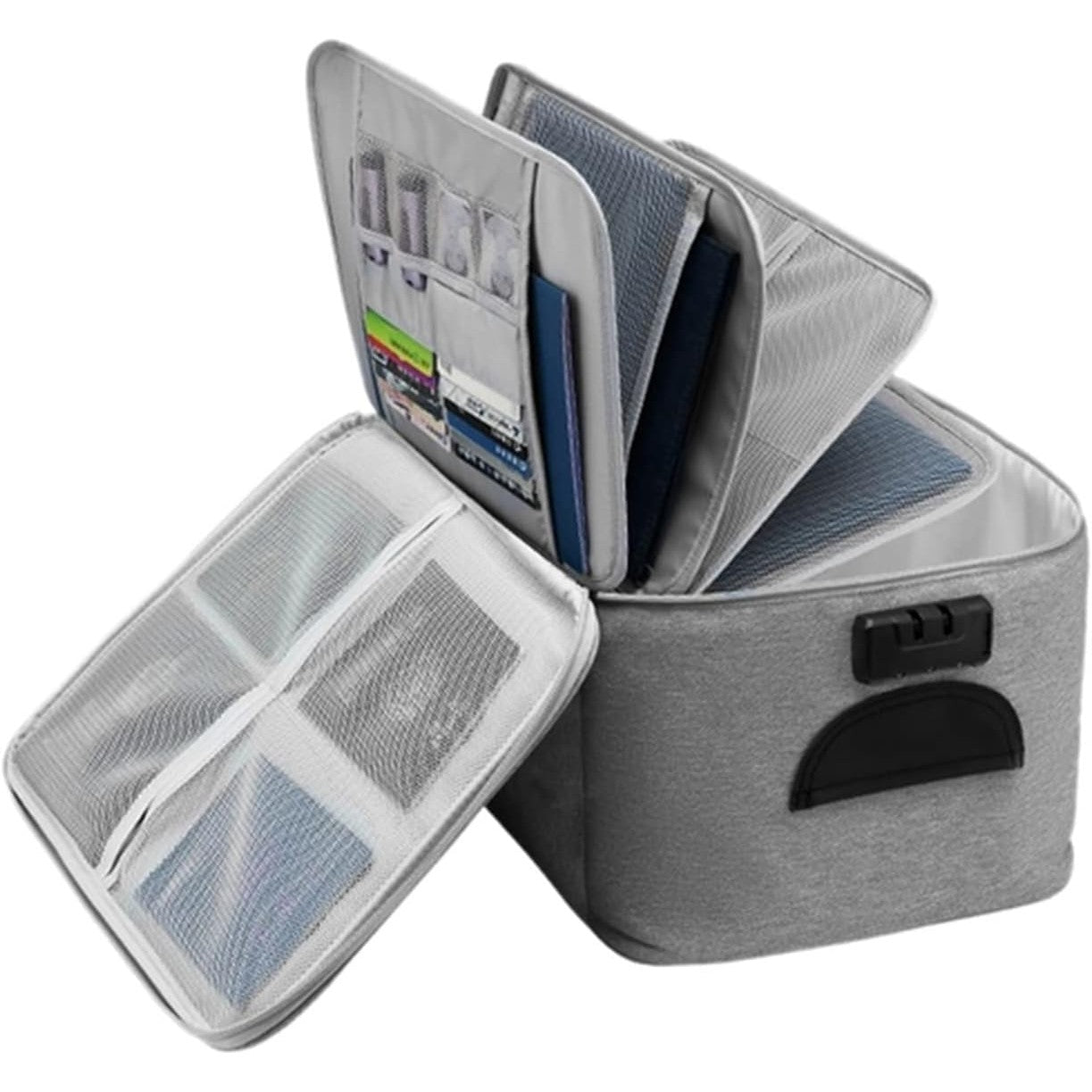 Geanta Flippy pentru Depozitare Acte si Documente, Facturi, Carduri, cu Cod de Securitate, 5 Compartimente, Impermeabila, 37 x 20 x 27 cm, Gri