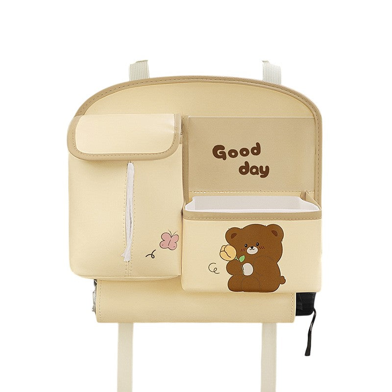 Geanta Multifunctionala de Depozitare, Flippy, pentru Bancheta din Spate a Masinii, Animat, Model Ursuleti, Scris Good Day, Suport Servetele si Telefon, 25x31 cm, Bej