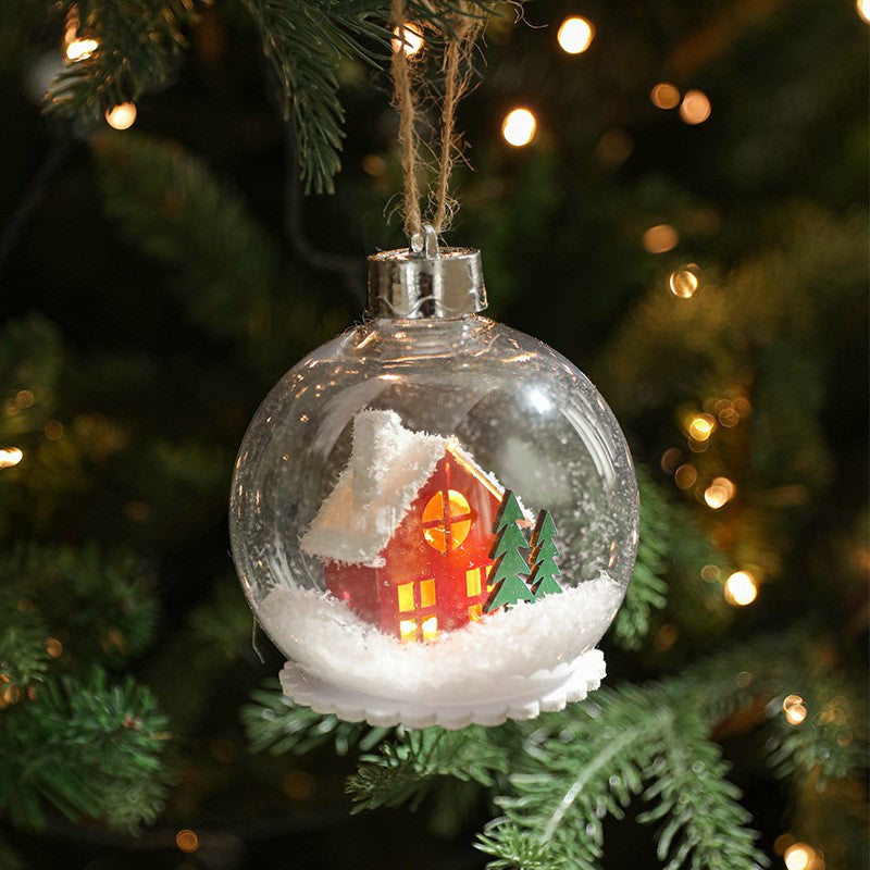 Glob pentru Bradul de Craciun LED, Flippy, Model A, Glob Transparent cu Figurina Casa si Braduti iluminat LED, Diametrul 10 cm, Baza Solida, Transparent