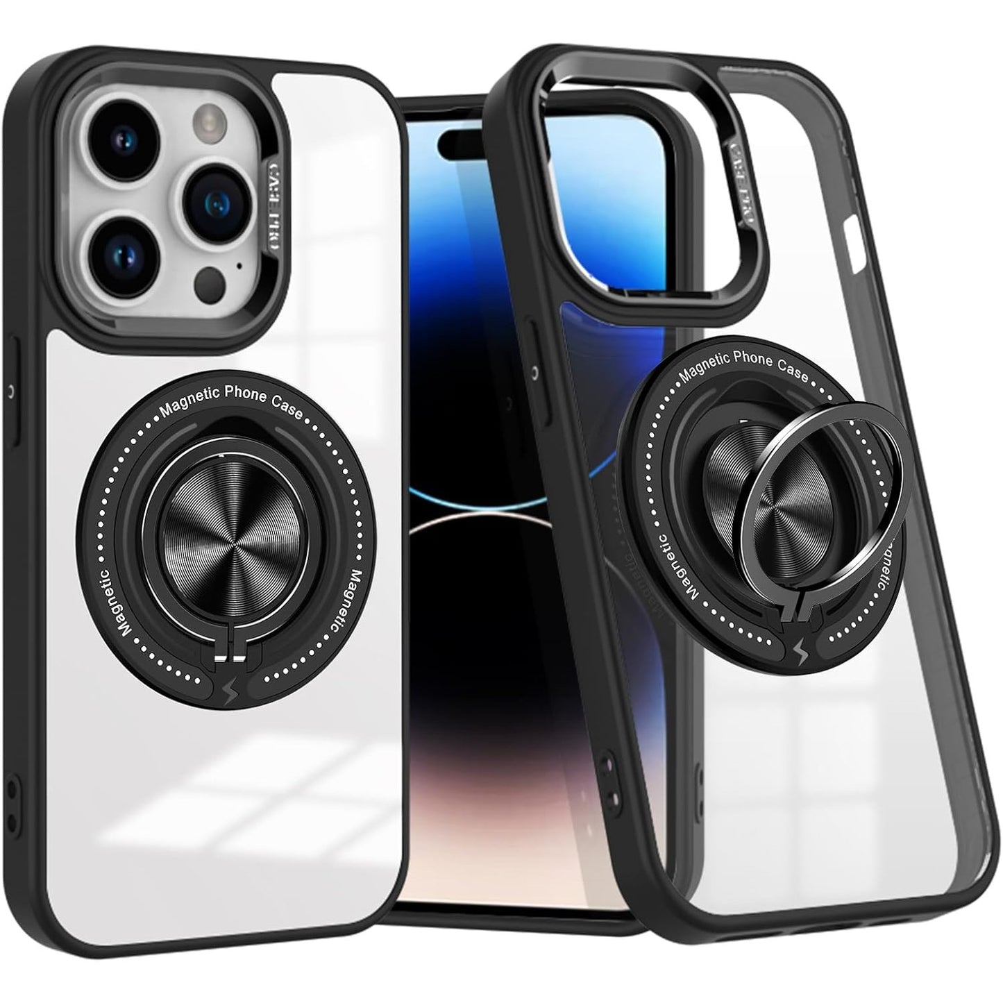 Husa de Protectie TPU, Flippy, pentru iPhone 16 Pro Max, Anticadere, cu Incarcare Wireless, Tehnologie Magsafe, Inel Magnetic Rotativ cu Functie de Suport, Transparent-Negru