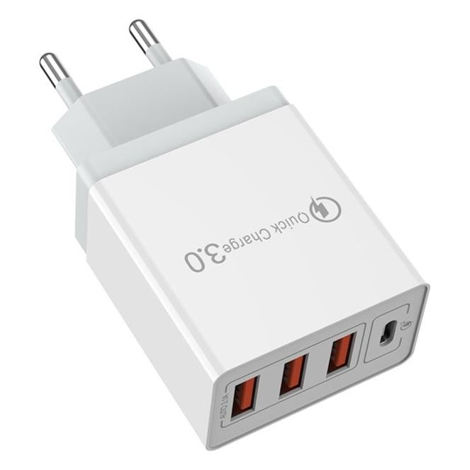Incarcator Fast Charge pentru Telefon 32W, Flippy, Incarcator Quick Charge cu 3 Porturi USB-A 3.1A & 1 USB-C, Power Delivery 32W, Cap Standard European, Alb