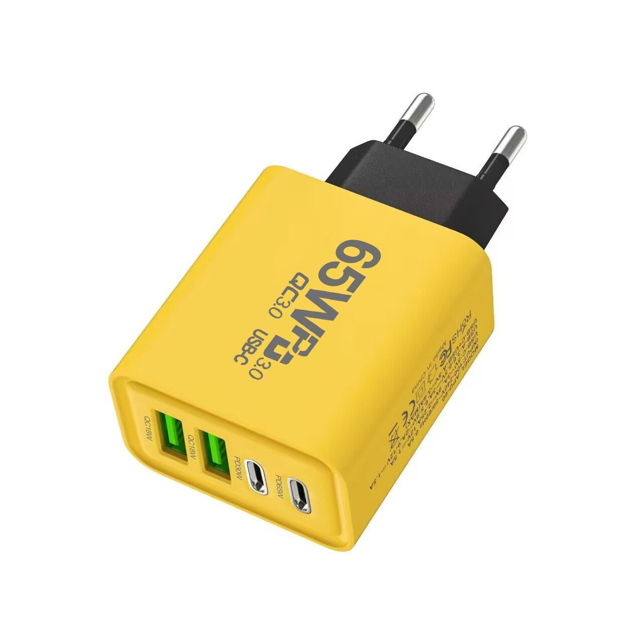 Incarcator Fast Charge pentru Telefon 65W, Flippy, Incarcator Quick Charge cu 2 Porturi USB-A 3.1A & 2 Porturi USB-C, Power Delivery 65W, Cap Standard European, Galben