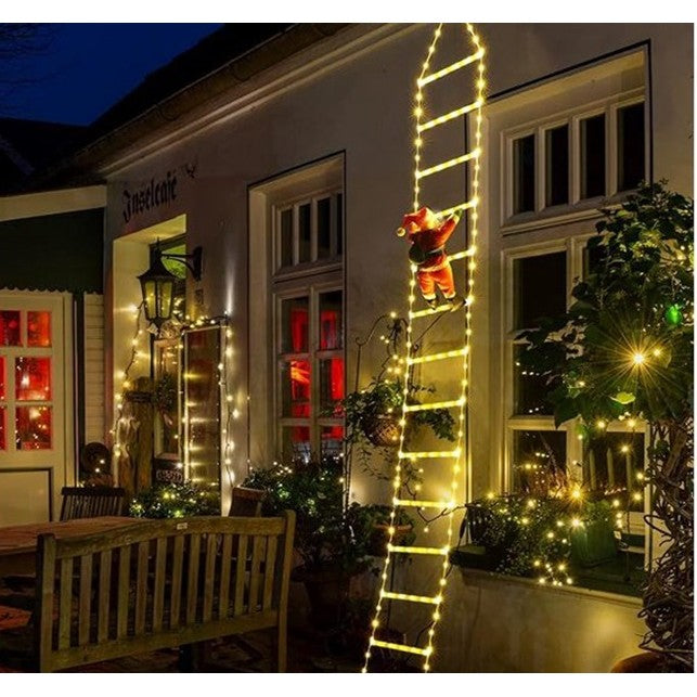 Instalatie LED de Craciun, Flippy, cu Accesorii, Lumina Calda, Lungime 3 m, 16 Trepte, 288 de Luminite, 8 Moduri, Model Mos Craciun pe Scara, Alb cald