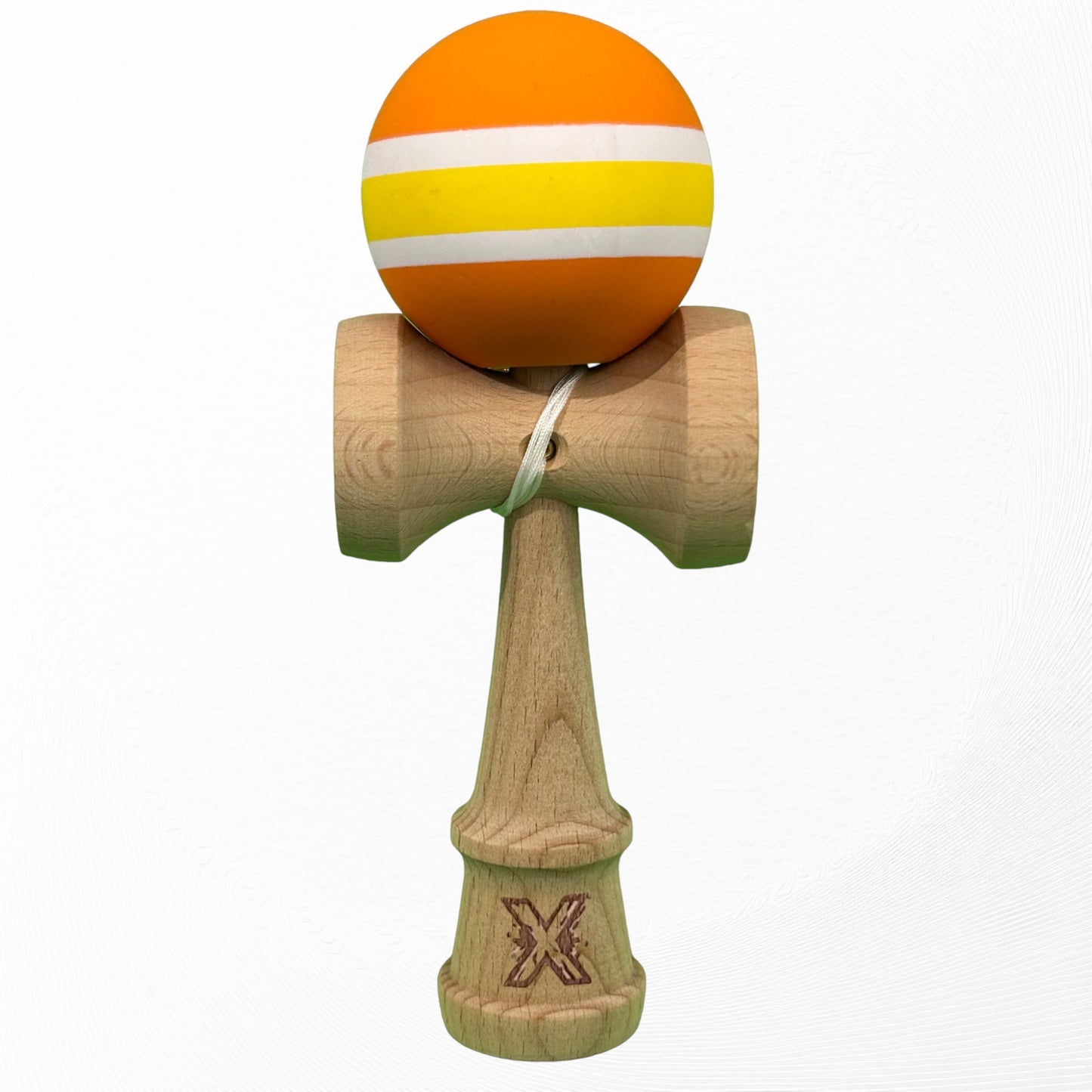 Kendama X Originala, Profesionala, Flippy, din Lemn cu Bila cu Invelis din Cauciuc, 18 x 6 x 7 cm, Rubber Grip, Portocaliu/Galben/Alb