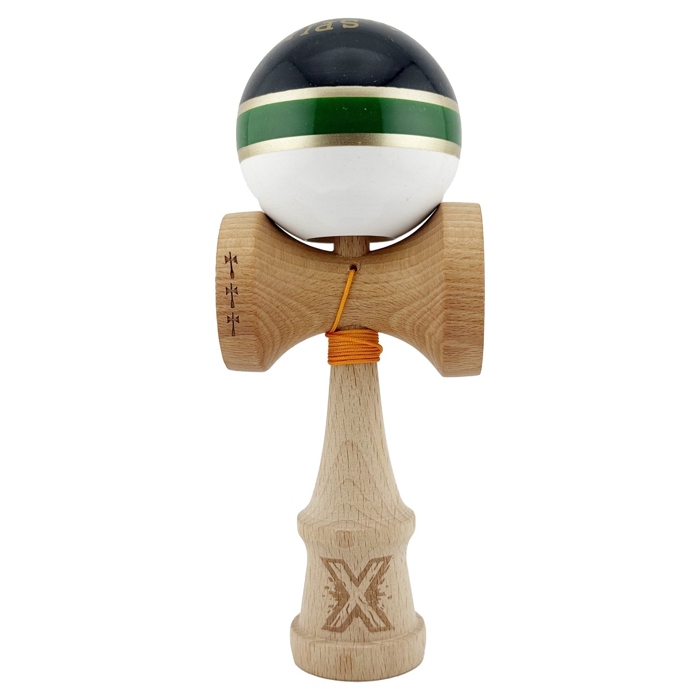 Kendama X ROYAL SPIKE Originala, Profesionala, Flippy, Big Cups V2, Super Sticky cu Cupe Mari, Rulment Metalic, din lemn 18 cm, Ata 55 cm, Negru/Verde Gold/Alb