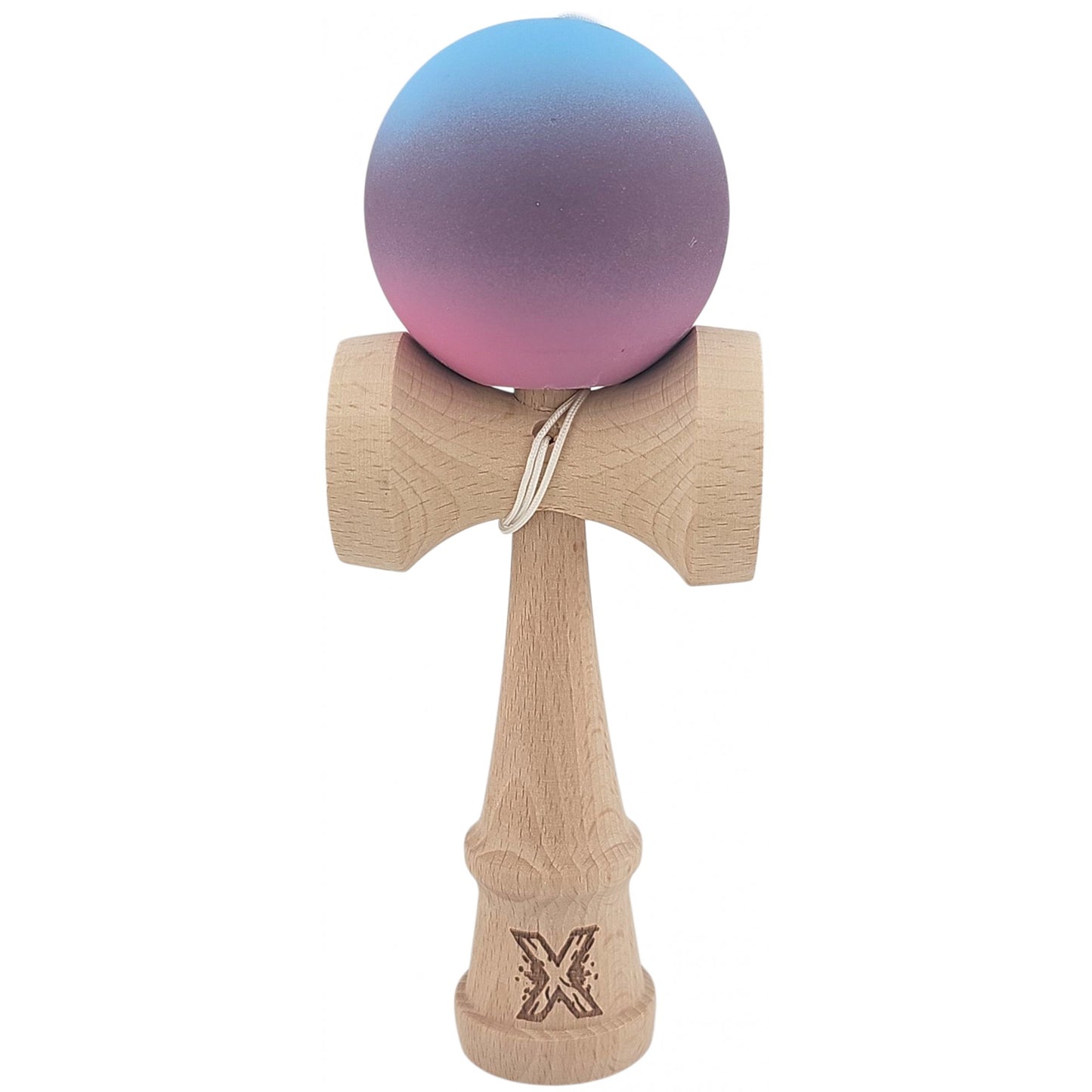 Kendama X Originala, Profesionala, Flippy, din Lemn, 18 cm, Rubber Grip, Gradient Albastru deschis/Mov/Roz