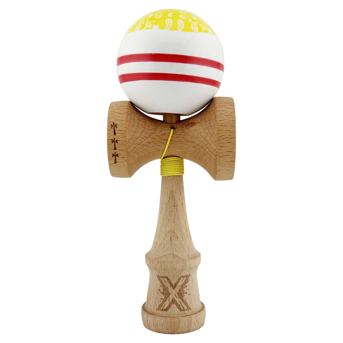 Kendama X CHICANOS Originala, Profesionala, Flippy, Big Cups V2, Super Sticky cu Cupe Mari, Rulment Metalic, din lemn 18 cm, Ata 55 cm, Auriu/Alb