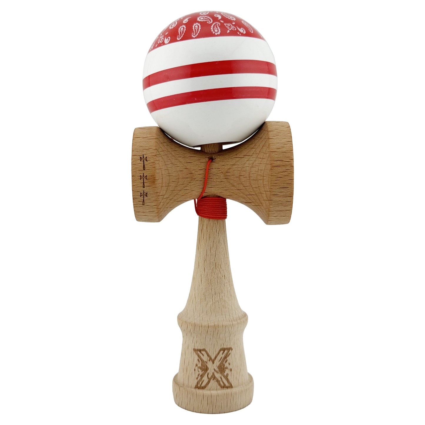 Kendama X CHICANOS Originala, Profesionala, Flippy, Big Cups V2, Super Sticky cu Cupe Mari, Rulment Metalic, din lemn 18 cm, Ata 55 cm, Rosu/Alb