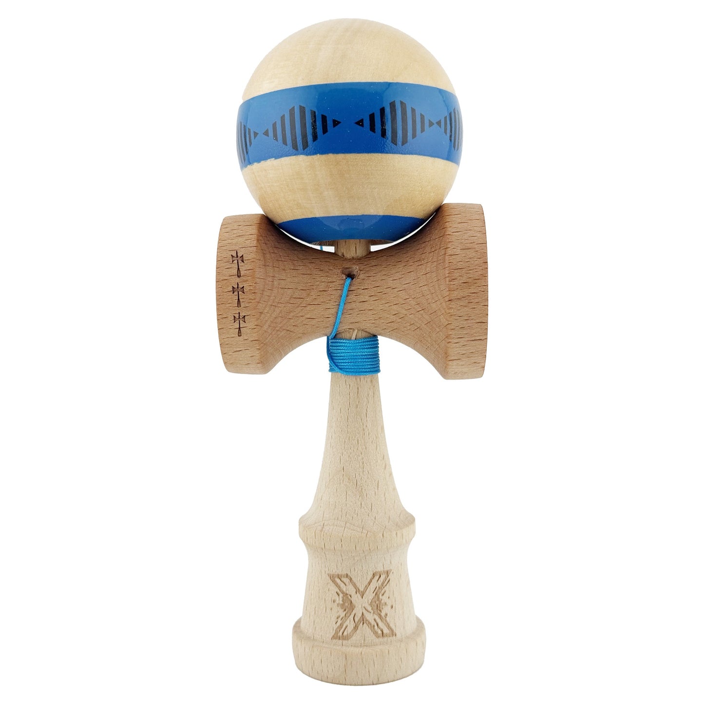 Kendama X FREQUENCY Originala, Profesionala, Flippy, Big Cups V2, Super Sticky cu Cupe Mari, Rulment Metalic, din lemn 18 cm, Ata 55 cm, Albastru/Maro