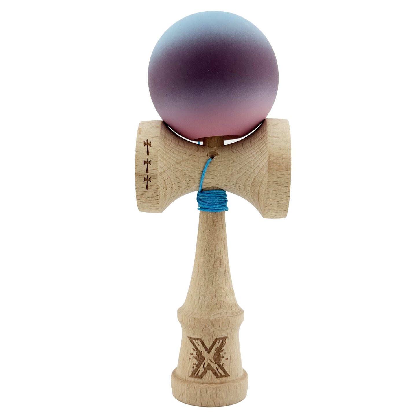 Kendama X Originala, Profesionala, Flippy, Big Cups V2, Rubber Grip cu Cupe Mari, Rulment Metalic cu Ata 55 cm, Gradient Albastru/Mov/Roz