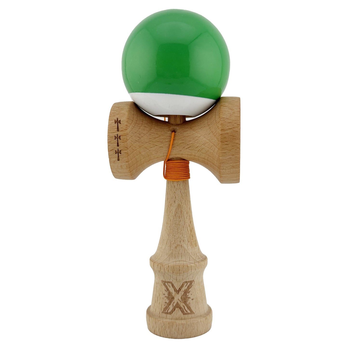 Kendama X Originala, Profesionala, Flippy, Big Cups V2, Super Sticky cu Cupe Mari, din lemn 18 cm, Rulment Metalic cu Ata 55 cm, Verde/Alb