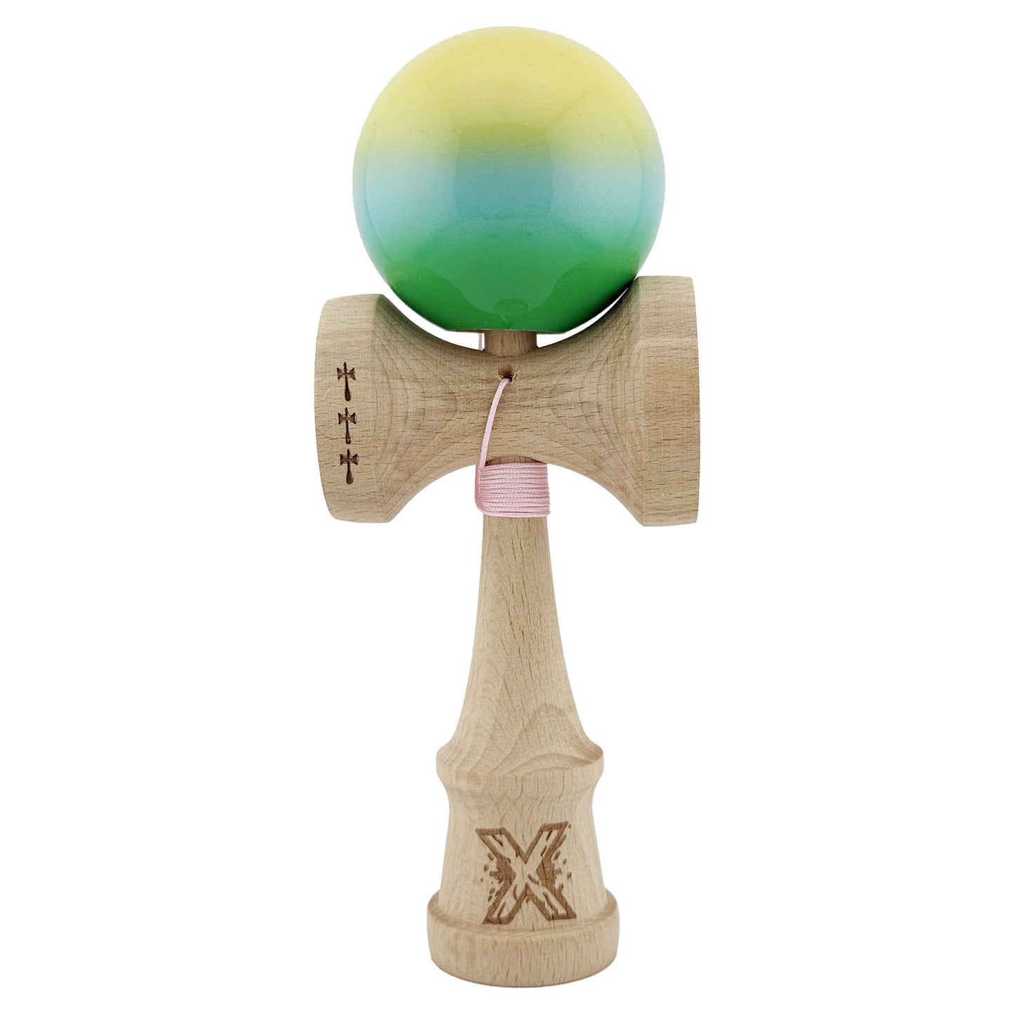 Kendama X Originala, Profesionala, Flippy, Big Cups V2, Super Sticky cu Cupe Mari, din lemn 18 cm, Rulment Metalic cu Ata 55 cm, Galben/Albastru/Verde