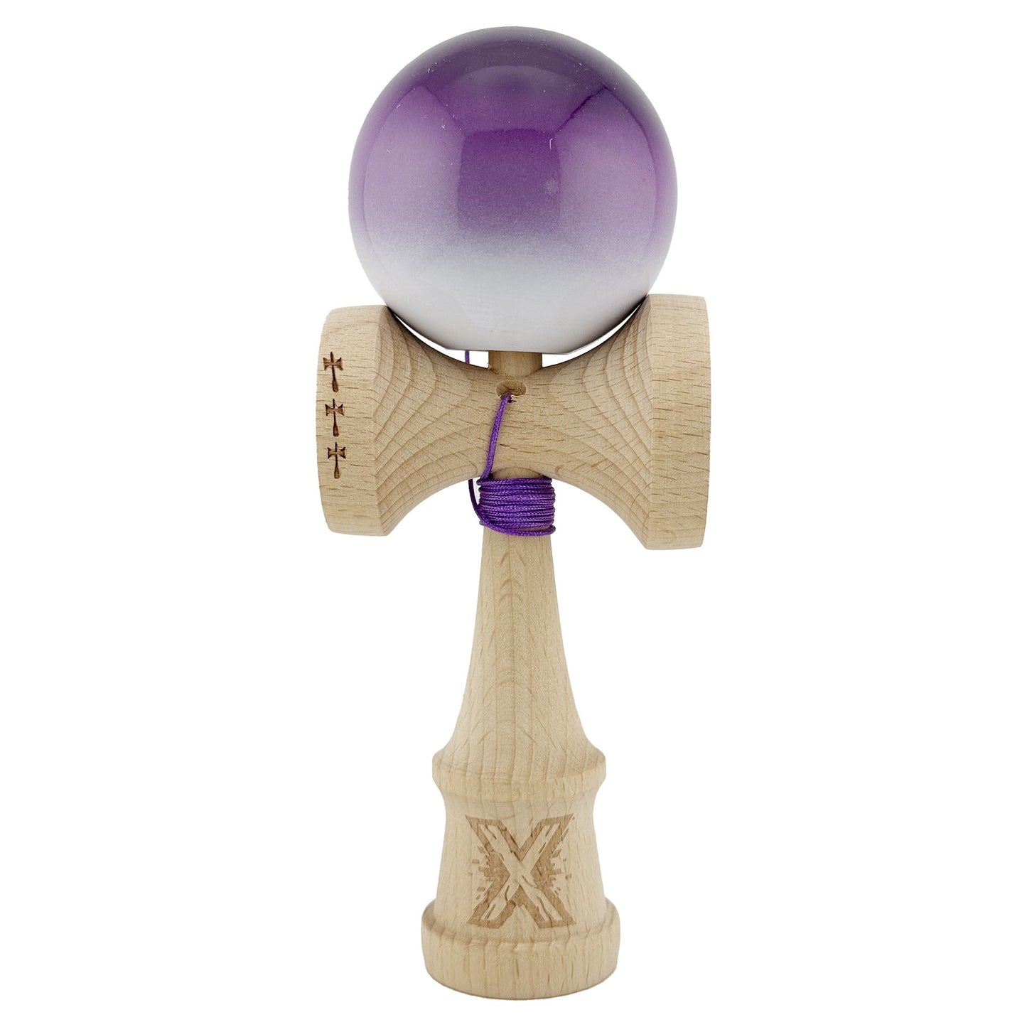 Kendama X Originala, Profesionala, Flippy, Big Cups V2, Super Sticky cu Cupe Mari, din lemn 18 cm, Rulment Metalic cu Ata 55 cm, Mov/Alb