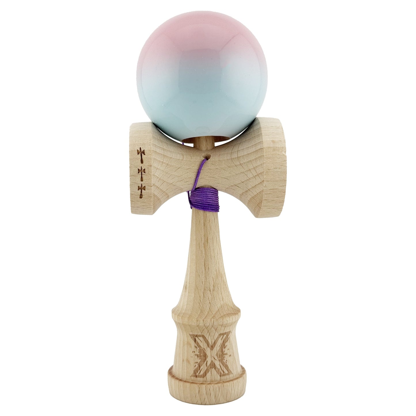 Kendama X Originala, Profesionala, Flippy, Big Cups V2, Super Sticky cu Cupe Mari, din lemn 18 cm, Rulment Metalic cu Ata 55 cm, Roz/Albastru deschis