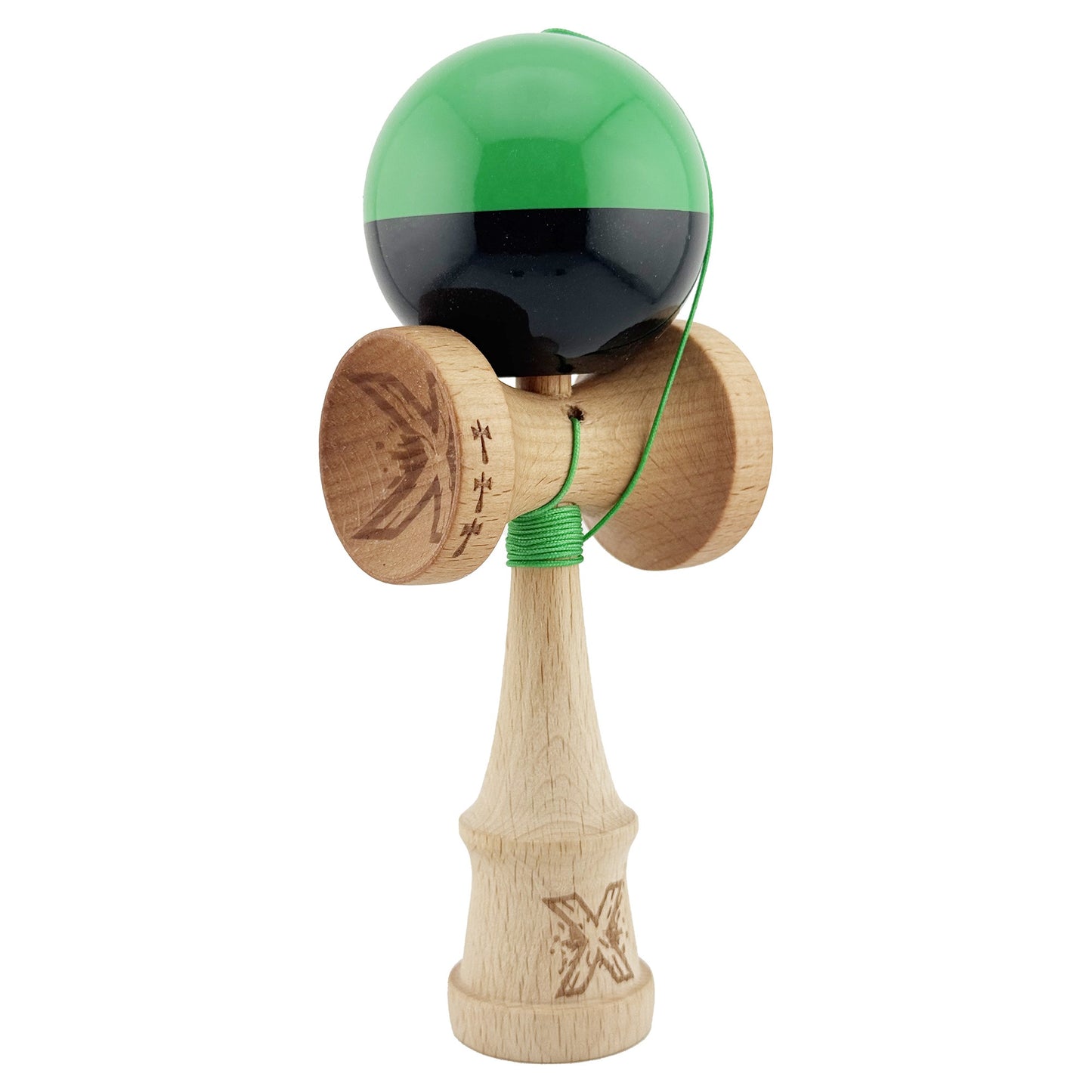 Kendama X Originala, Profesionala, Flippy, Big Cups V2, Super Sticky cu Cupe Mari, Rulment Metalic, din lemn 18 cm, Ata 55 cm, Verde/Negru