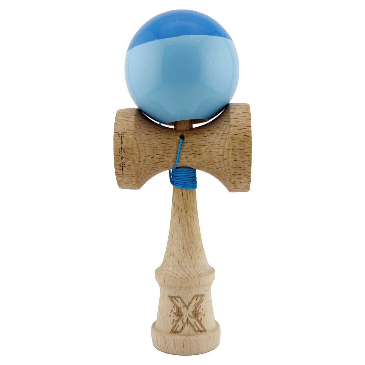 Kendama X Originala, Profesionala, Flippy, Big Cups V2, Super Sticky cu Cupe Mari, Rulment Metalic, din lemn 18 cm, Ata 55 cm, Albastru/Bleu