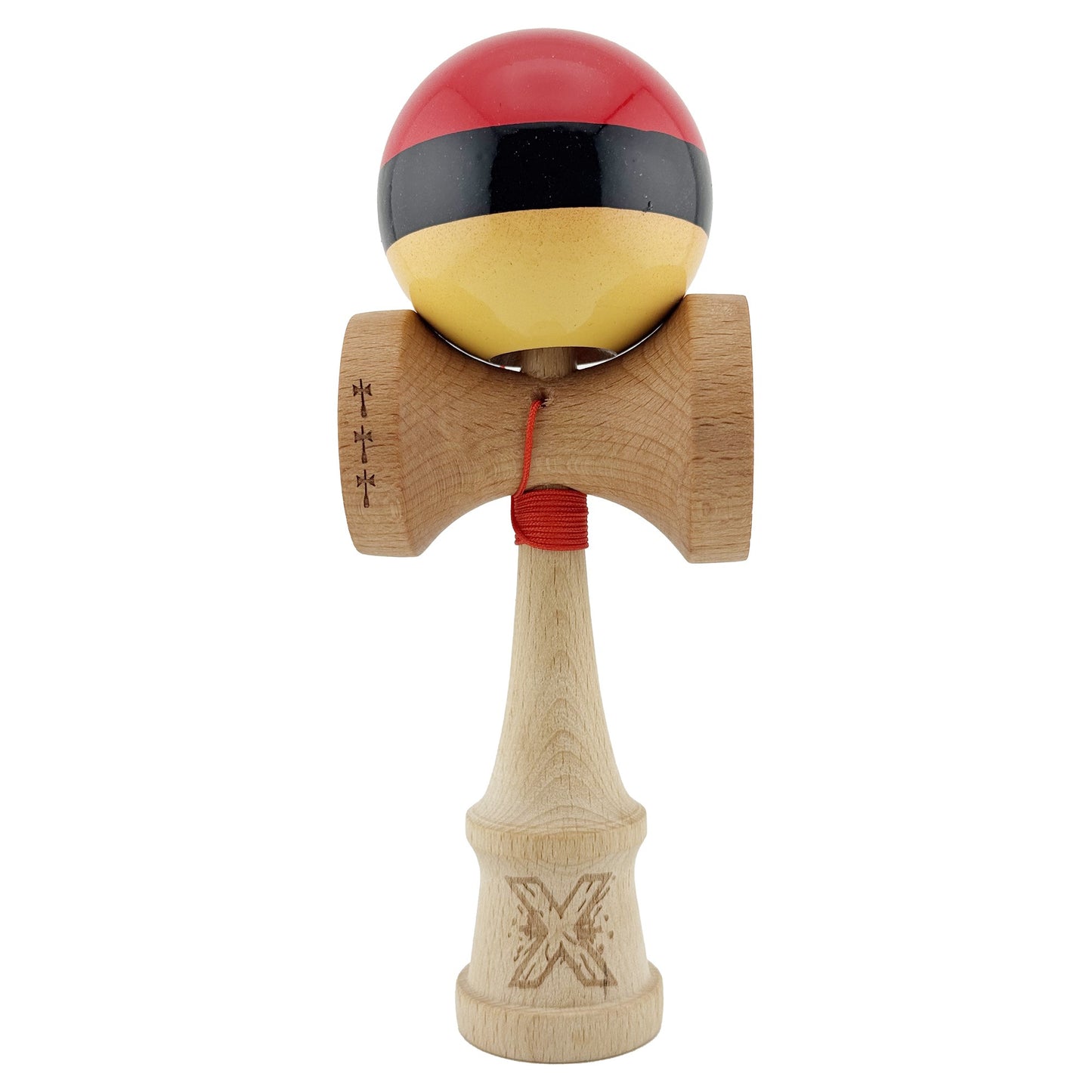 Kendama X Originala, Profesionala, Flippy, Big Cups V2, Super Sticky cu Cupe Mari, Rulment Metalic, din lemn 18 cm, Ata 55 cm, Rosu/Negru/Galben