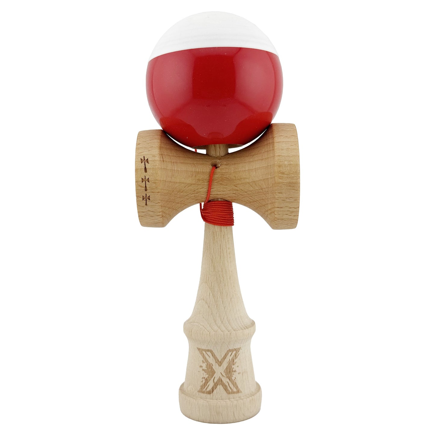 Kendama X Originala, Profesionala, Flippy, Big Cups V2, Super Sticky cu Cupe Mari, Rulment Metalic, din lemn 18 cm, Ata 55 cm, Alb/Rosu